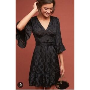 NWT Anthropologie Maeve Dress Christine Black Belted V-Neck Bell Sleeve Sz 4